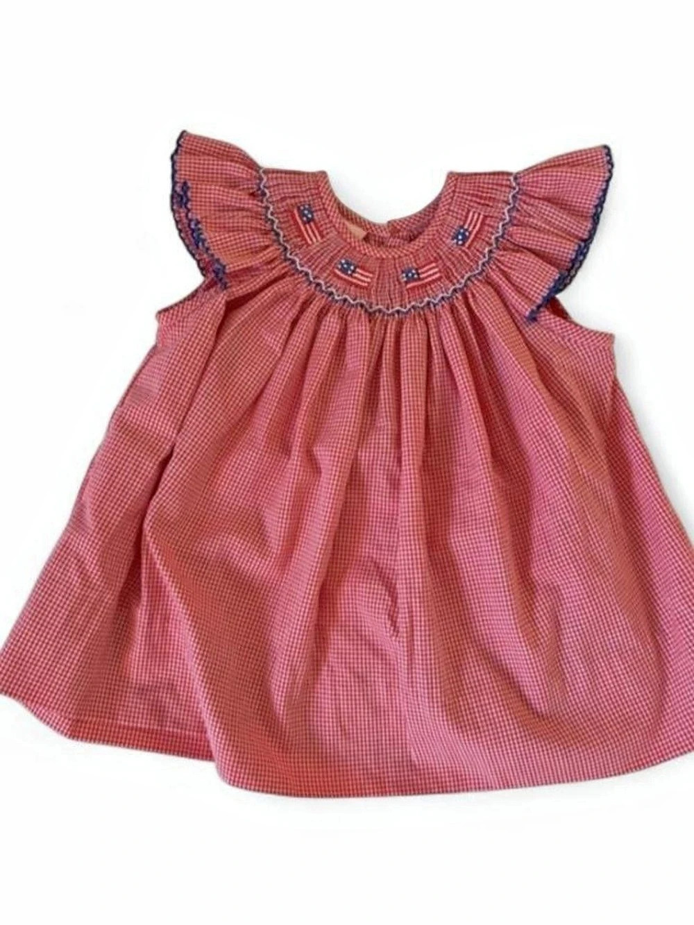Petit Bebe Baby / Toddler Girls Red Check Smocked Flags Bishop Dress Red & White